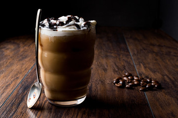 Iced Coffee Chocolate Frappe / Frappuccino with Whipped Cream, Chocolate Syrup and Spoon