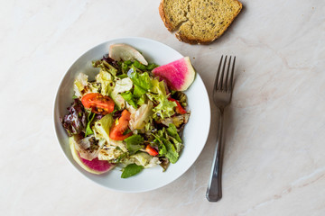 Fresh Homemade Radish Salad with Tomatoes, Balsamic Vinegar and Bread