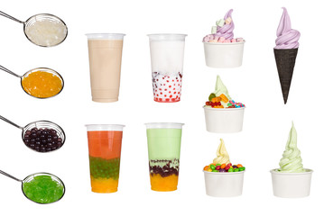 Collage of ice cream, cup with organic frozen yogurt, ice milk bubble tea and topping for ice cream...