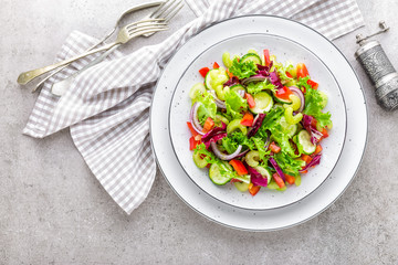 Salad of fresh cucumber, celery, sweet pepper, frize lettuce, red onion and sesame seeds with olive oil. Healthy vegetarian, vegan food. Italian cuisine
