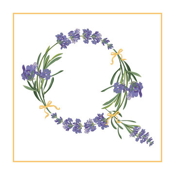 Letter Q monogram. Retro sign alphabet with lavender flower initial