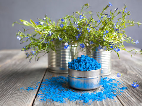 Bright Colors For Holi Festival. Light Blue Holi Paint In A Bow (cup) With Cute Flowers On A Table. Close Up With Copy Space, Front View.