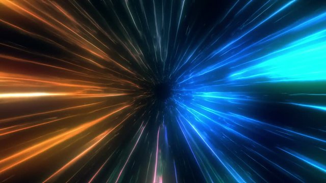 Traveling at Faster Than Light Speed into a Portal or Time Vortex Animated Abstract Simulation of High Speed Travel in Space Orange Blue Cyan