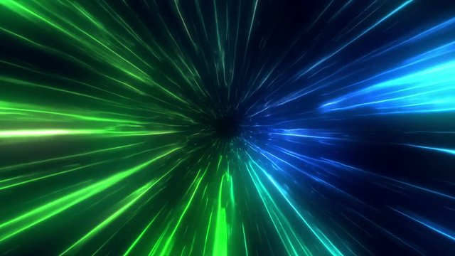Traveling at Faster Than Light Speed into a Portal or Time Vortex Animated Abstract Simulation of High Speed Travel in Space Blue Green