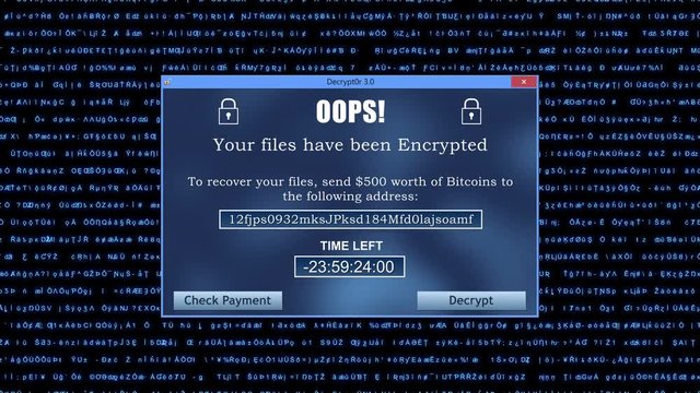Ransomware Attack Display Screen with Unreadable Code lines Running in the Background and Timer Blue