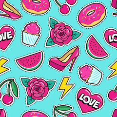 Cute seamless pattern with colorful patches. Stickers of rose flower, cherry, heart, watermelon, donut, cupcake etc on mint green background. Fashion cool patches and stickers.