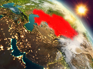 Kazakhstan in sunrise from orbit