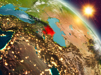 Azerbaijan in sunrise from orbit