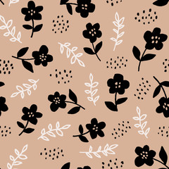 Fototapeta premium Stylish seamless floral pattern with hand drawn black flowers on beige background. Ditsy print for textile. Scandinavian design style, vector illustration