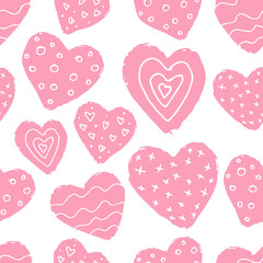 Seamless pattern with pink hand drawn hearts on white background. Scandinavian design style, vector illustration