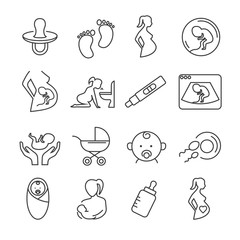 Set of pregnancy and childbirth Related Vector Line Icons. Includes such Icons as a pregnant woman, a child in the womb, morning sickness, breast feeding, ultrasound, pacifier