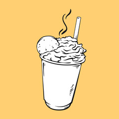 Coffee with milk, cream and cookie, vector illustration isolated on orange background, black and white version