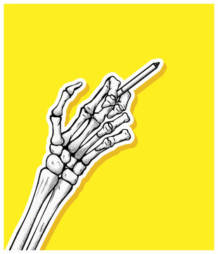 The hand of the skeleton holds a cigarette vector handdrawn lineart illustration