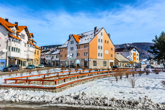 Kupres town square architecture. / Scenic view at Kupres town square in Bosnia, popular european ski resort, Europe.