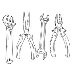 Hand tools, Instrument set, sketch, line art, vector illustration isolated on white background