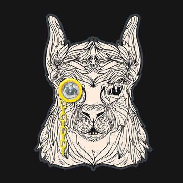 Vector face of lama with monocle. Isolated on black background. Line art style.