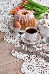 Easter feast, Easter cake and painted eggs 