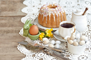Easter feast, Easter cake and painted eggs 