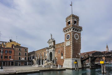 Naklejka premium View of Venetian Arsenal (Arsenale di Venezia). Venetian Arsenal is a complex of former shipyards and armories clustered. Construction of Arsenal began in 1104, during Venice republican era. Italy.
