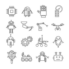Set of robots Related Vector Line Icons. Includes such Icons as robotics, machines, equipment, engineering, automated machinery, gears, chip