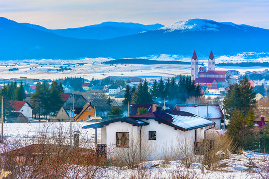 Scenic view at famous old town Kupres, Bosnia and Herzegovina, european winter tourist resort.