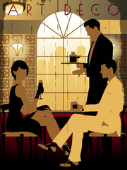 The party at the bar in the style of the early 20th century. Retro party invitation card. Handmade drawing vector illustration. Art Deco style.