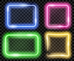 Set of colorful translucent neon frames on transparent background. Transparency only in vector format