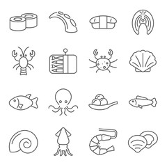 Simple Set of seafood Related Vector Line Icons. Contains such Icons as squid, crab, sushi, sprats, lobster, fish and more.