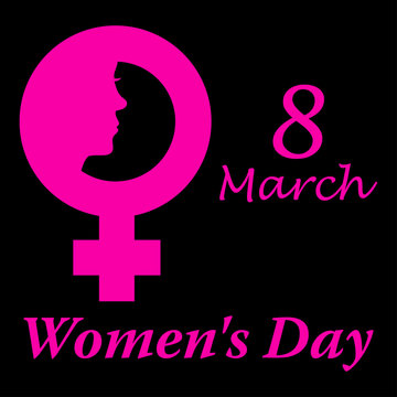 Icono plano 8 March y simbolo femenino con cara mujer y Women s Day y fondo negro