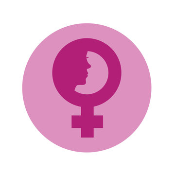 Icono plano simbolo femenino con cara de mujer en circulo violeta