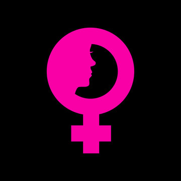 Icono plano simbolo femenino con cara de mujer en fondo negro