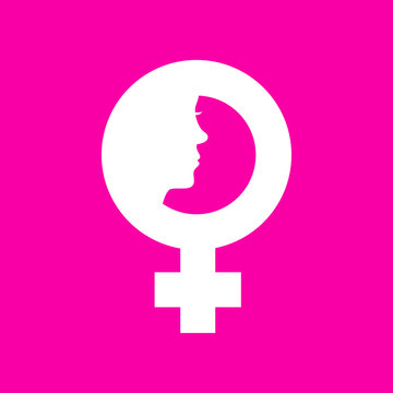 Icono plano simbolo femenino con cara de mujer en fondo rosa