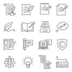 Simple Set of copywriting Related Vector Line Icons. Contains such Icons as typewriter, writer, articles, blogging, copyright and more.