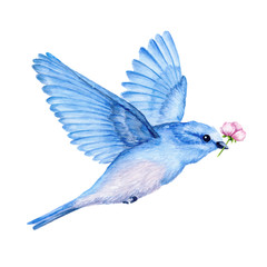 Cute little blue bird. Watercolor illustration. Cute animals and birds. Spring symbol. Happy Easter. Blue luck bird