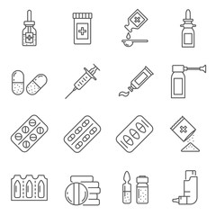 Simple Set of drugs Related Vector Line Icons. Contains such Icons as medication, suppository, syringe, antibiotics, preparation and more.