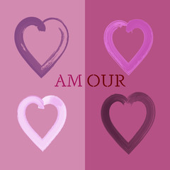 Valentine’s day. Four hearts in watercolor style and text: Love in french