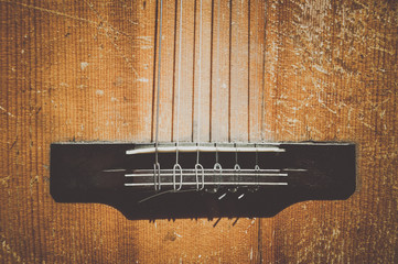 close up of wooden classic acoustic guitar with strings
