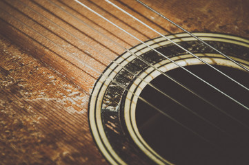 close up of wooden classic acoustic guitar with strings