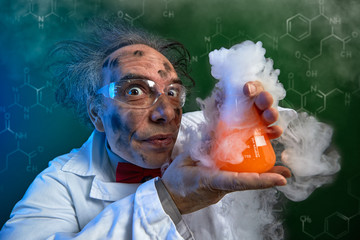 Crazy chemist with a failed experiment - obrazy, fototapety, plakaty