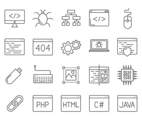 Set of programming Related Vector Line Icons. Includes such Icons as code, Internet technology, website development, application programming, programming languages, virus and etc.