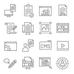 Set of Content Manager Related Vector Line Icons. Includes such Icons as articles, copywriting, content management, SEO, video, media, content, website and etc.