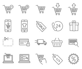 Set of E-Commerce Related Vector Line Icons. Includes such Icons as electronic money, online shopping, e-wallet, electronic payments and etc.