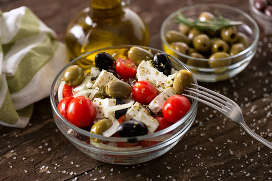 Mediterranean salad with feta cheese and Greek olives.