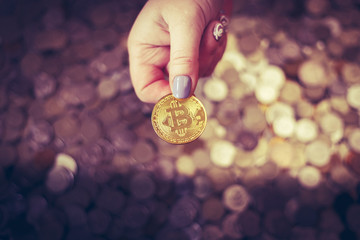 The female hand holds bitcoin.