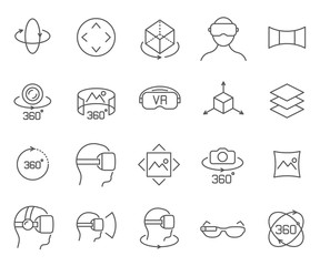 Set of virtual reality Related Vector Line Icons. Includes such Icons as virtual reality glasses, 360 degrees, 3D and more.