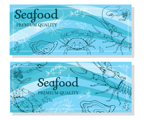 Set with Seafood. Isolated on white background. Seafood Company Vector Logo Design Template. Ocean Delicacies collection. Vector seafood logo.