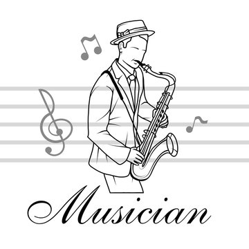 Saxophone player. Musician plays the instrument. Musician logo. Musical staff.