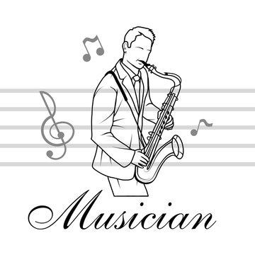 Saxophone player. Musician plays the instrument. Musician logo. Musical staff.