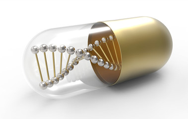 DNA molecule in golden medical capsule. 3d illustration