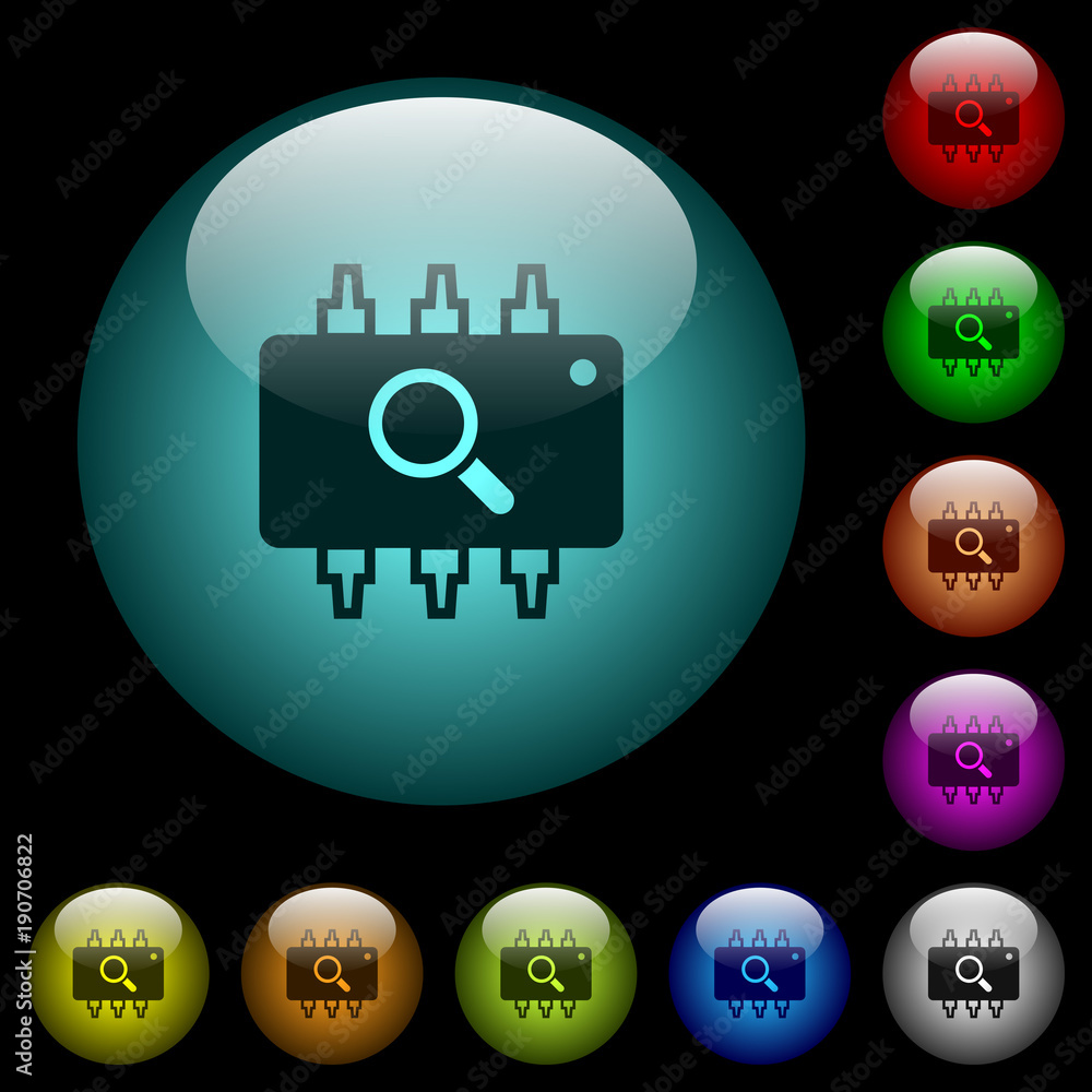 Poster hardware test icons in color illuminated glass buttons